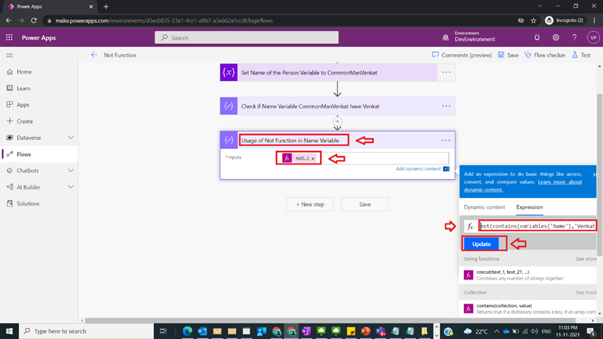 Usage of Not Function in Power Automate